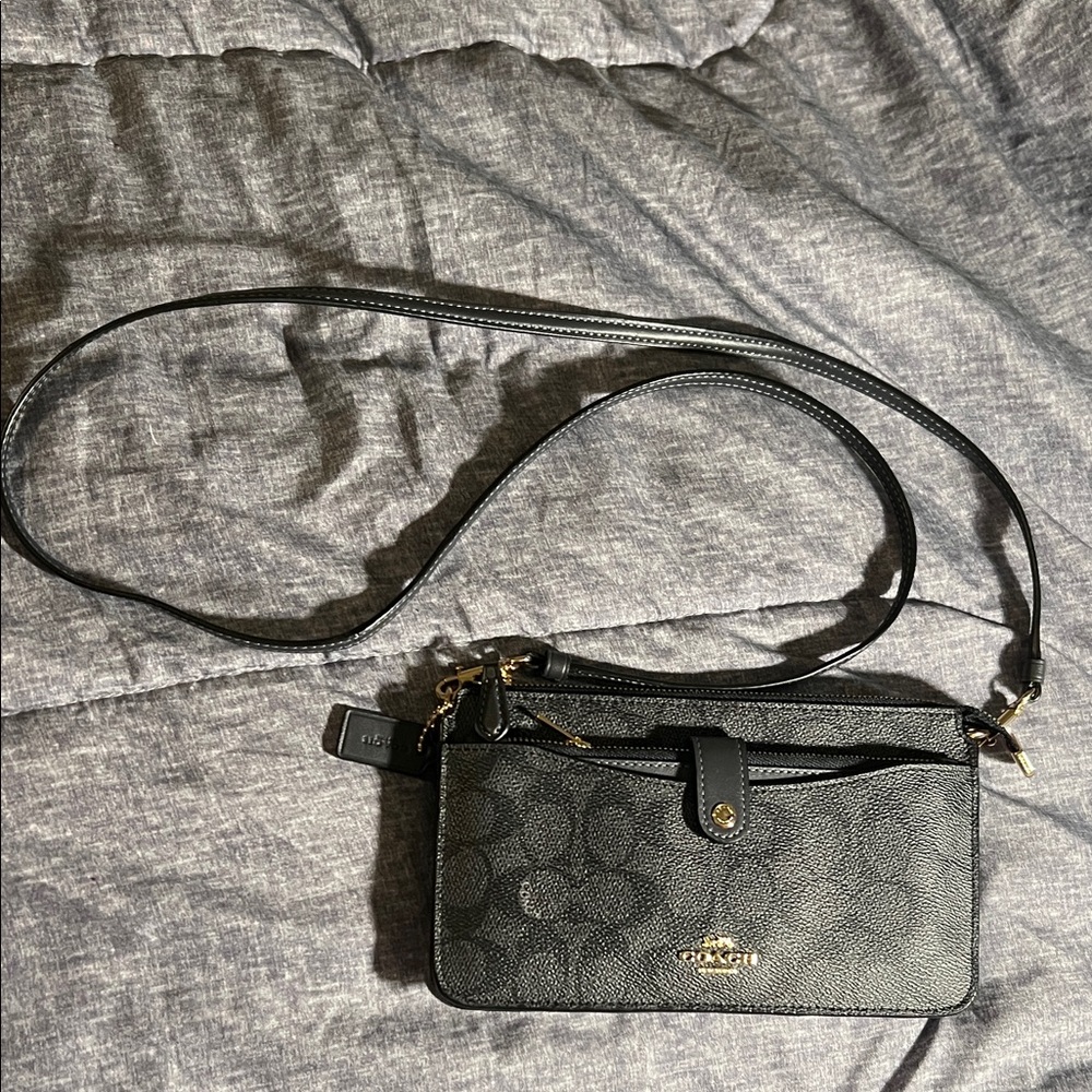 Coach Black Signature Canvas Crossbody Wristlet with Gold Hardware